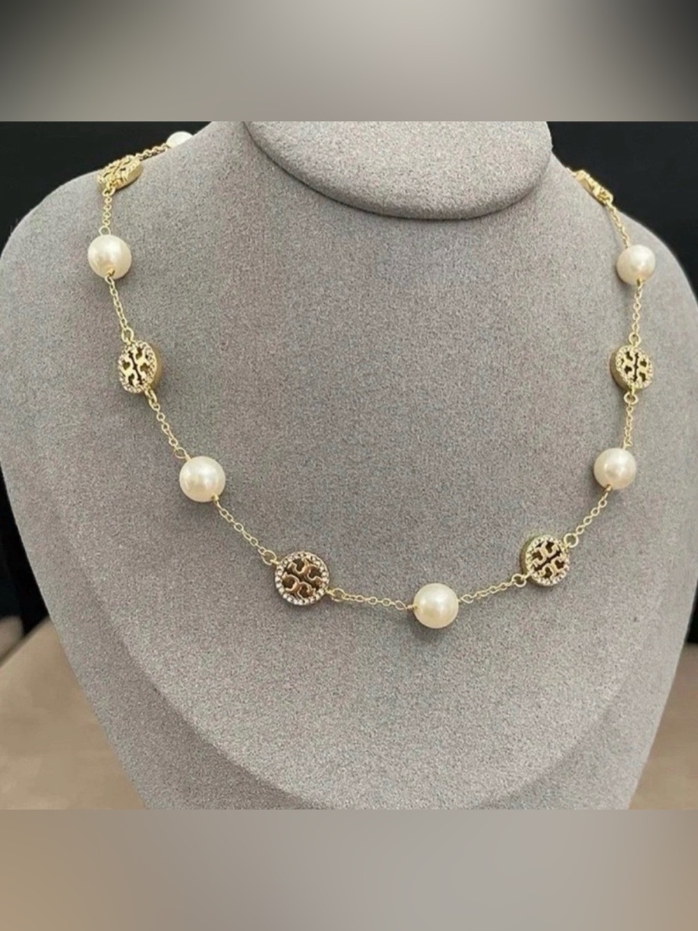 Tory Burch Gold Chain Necklace with Pearls and Logo Discs